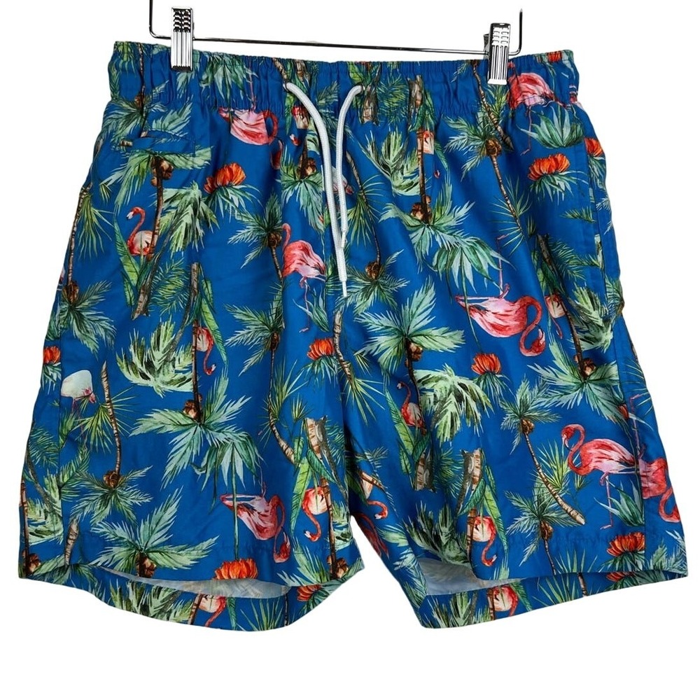 Charleston Threads Mens Large Swim Trunks Blue Flamingo Palm Tree Tropical Print